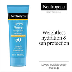Neutrogena Hydro Boost Moisturizing Water Gel Sunscreen Lotion with Broad Spectrum SPF 50, Water-Resistant & Non-Greasy Hydrating Sunscreen Lotion, Oil-Free, 3 fl. oz