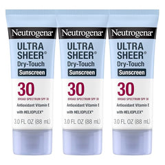 Neutrogena Ultra Sheer Dry-Touch Sunscreen for Face & Body, Helioplex SPF 30 Broad Spectrum UVA/UVB, Lightweight, Water Resistant & Non-Greasy, Hawaii Act 104 compliant, Travel Size 3 fl oz, Pack of 3